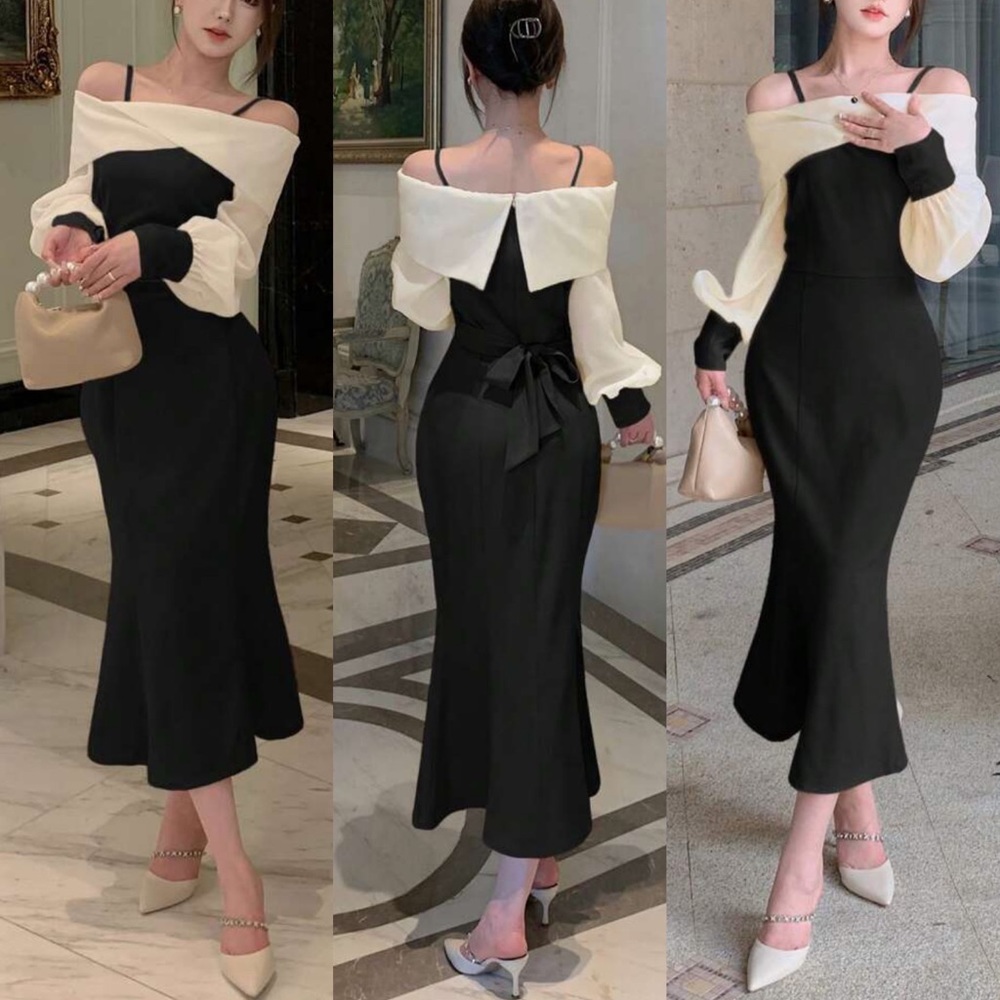 Black & ivory midi mermaid fit puff sleeve off shoulder formal dress - Picture 1 of 6